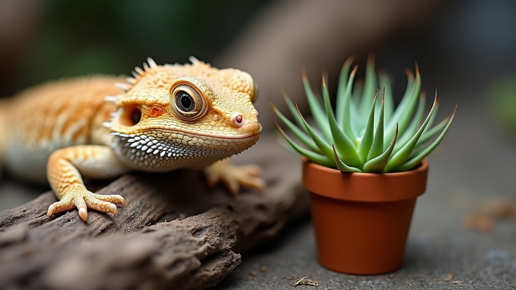 Bearded dragon interacting with air plants versus a safe succulent in terrarium.