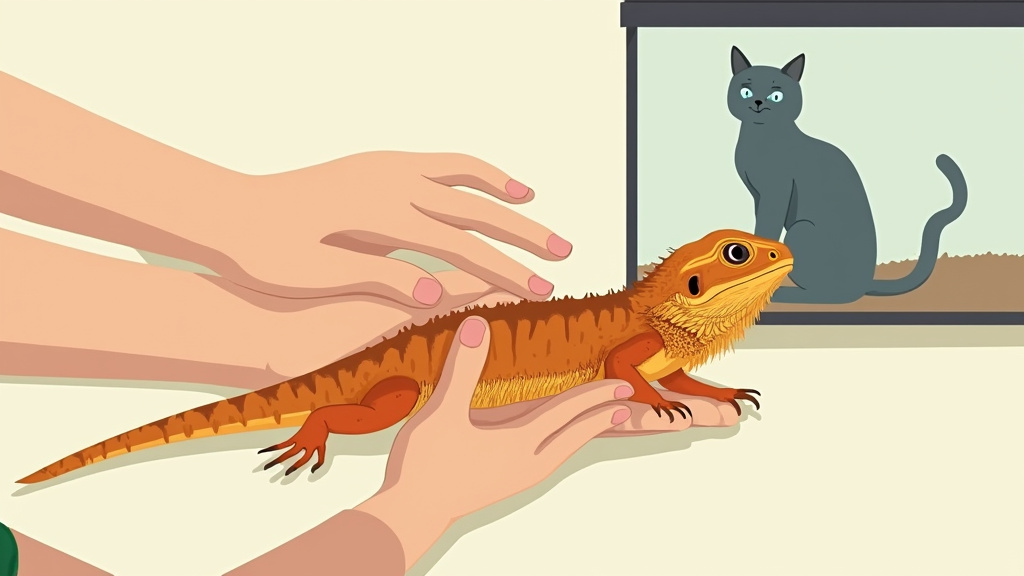Adult and child safely handling a bearded dragon as a family pet.