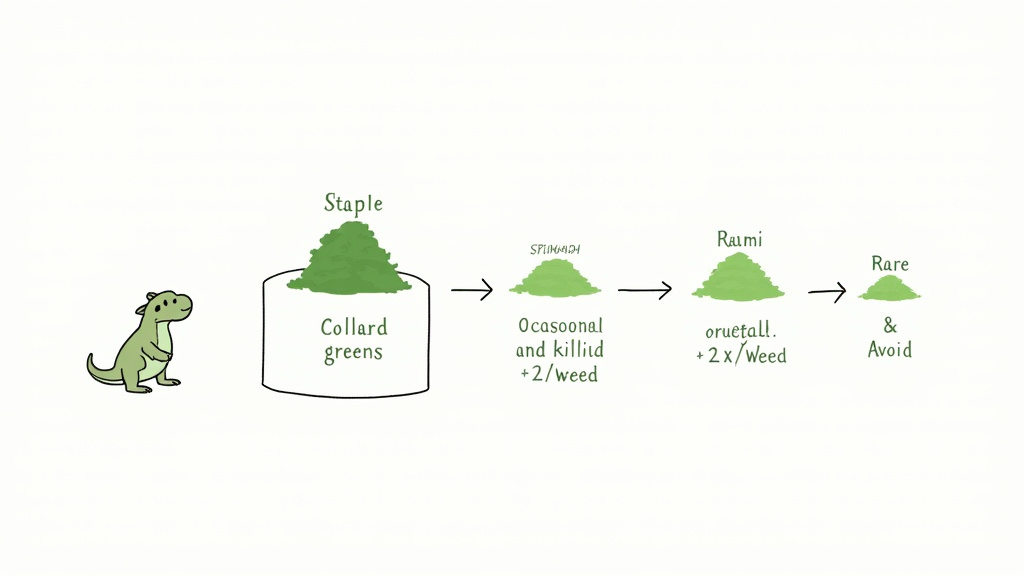 Diagram comparing arugula to staple and rare greens for bearded dragon diets.