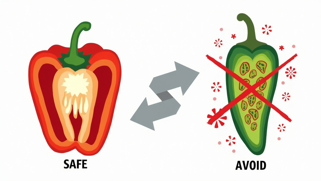 Diagram comparing safe bell peppers to unsafe hot peppers for bearded dragons.