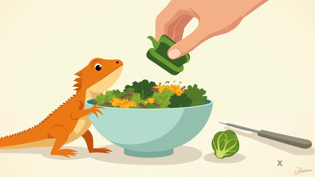 Cartoon of a bearded dragon's healthy salad with safe vegetables, excluding a Brussels sprout.