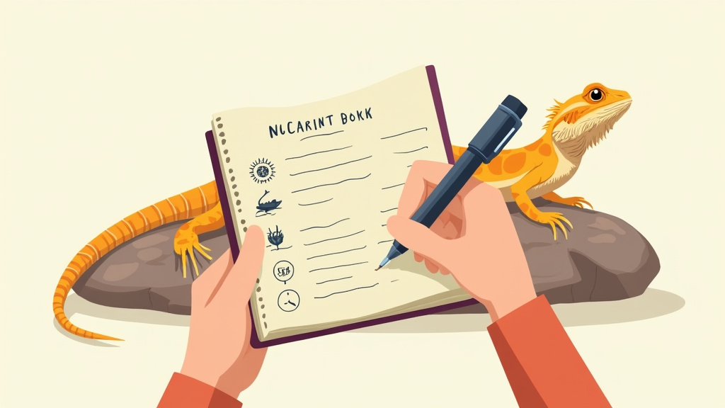 Person logging bearded dragon's daily activity and health baseline in a notebook.