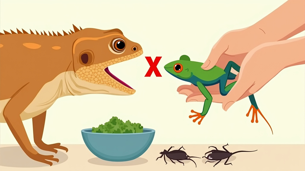 Bearded dragon being denied a tree frog, with safe staple foods shown instead.
