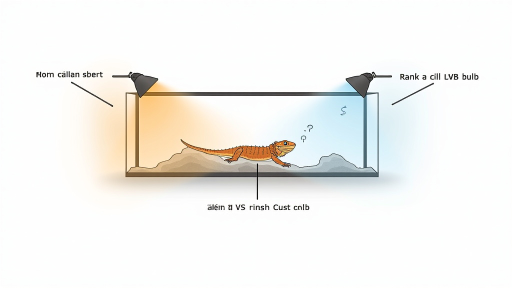 Diagram of incorrect bearded dragon tank setup with separated heat and UVB lamps