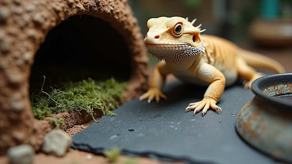 bearded dragon shedding environment with textured slate, humid hide, and water dish