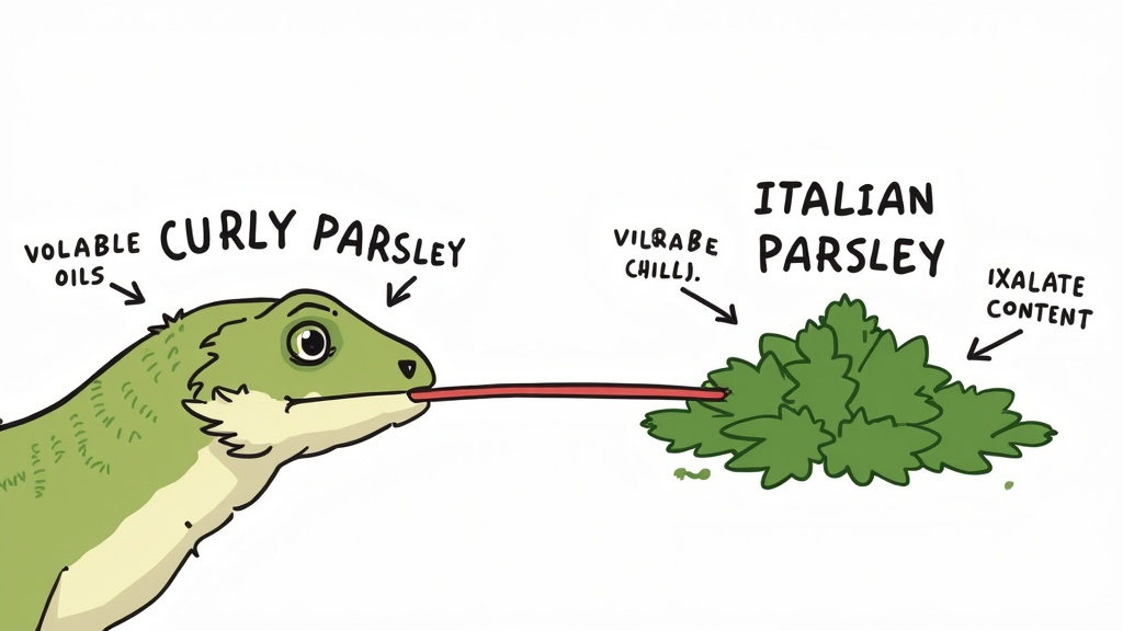 Bearded dragon comparing nutritional differences between curly and Italian parsley varieties.