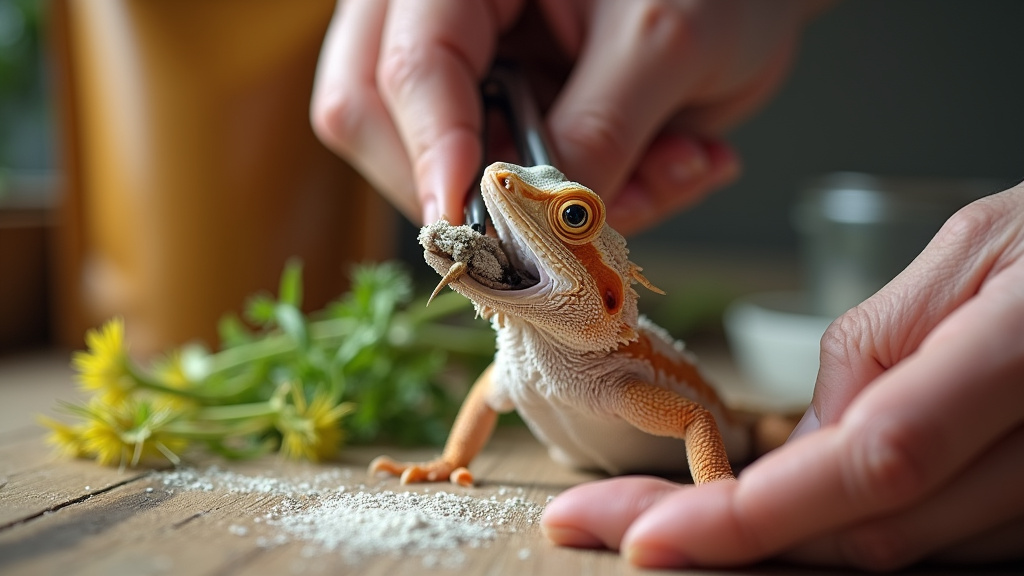 Close-up of hand feeding a calcium-dusted cricket to a juvenile bearded dragon.