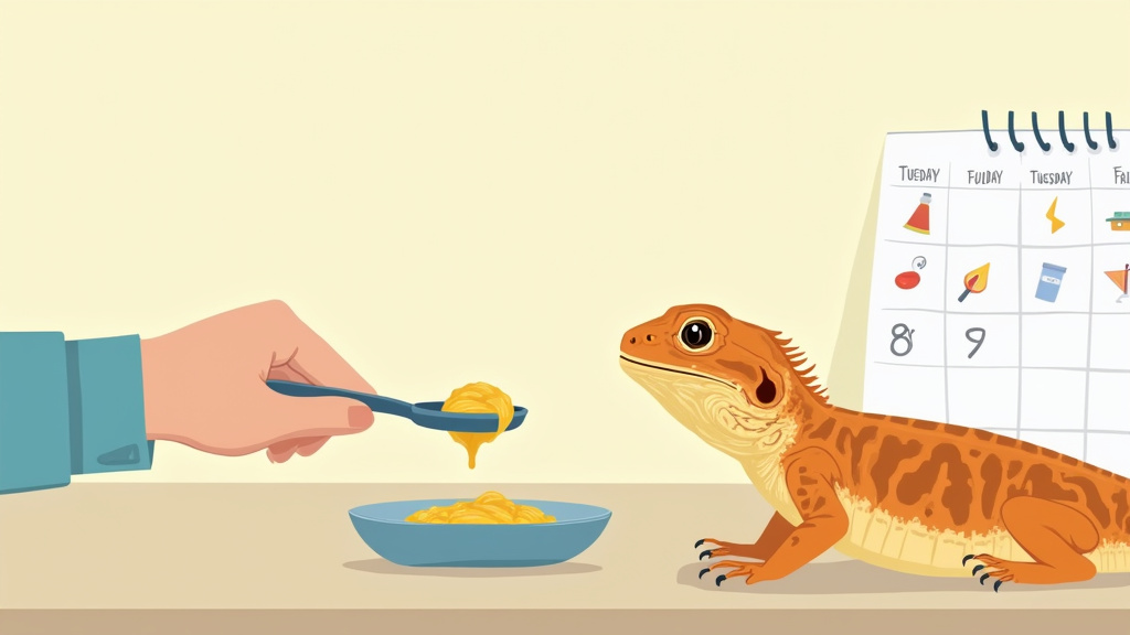 Bearded dragon being offered scrambled egg as a weekly protein treat