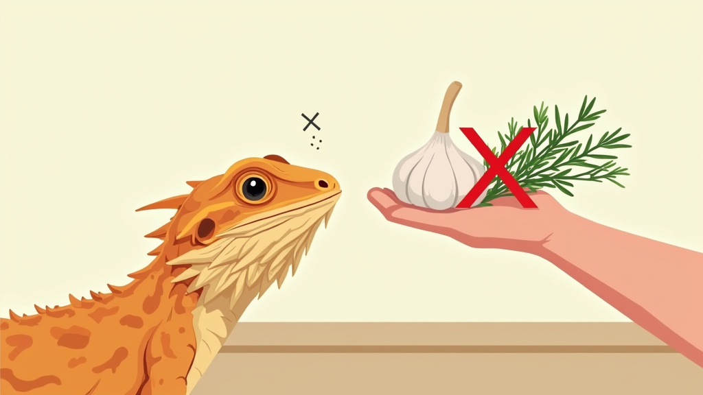 Bearded dragon considering safe thyme versus toxic garlic bulb.