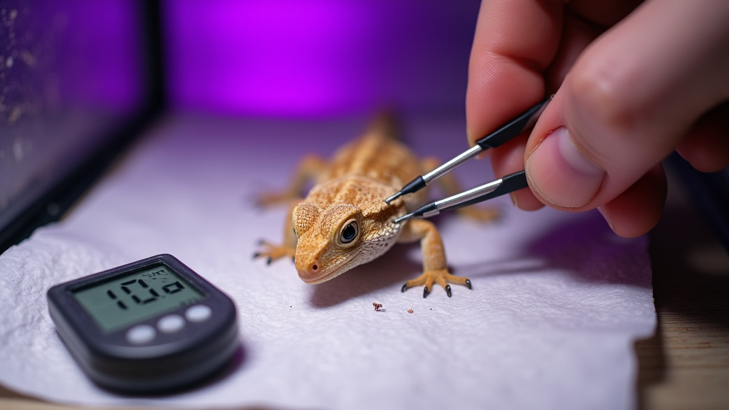 Close-up of hand feeding a calcium-dusted pinhead cricket to a baby bearded dragon.