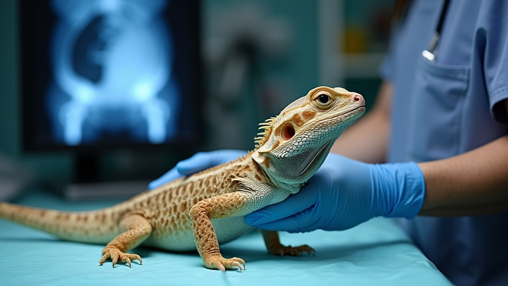 Veterinarian examining bearded dragon for impaction with abdominal palpation and X-ray