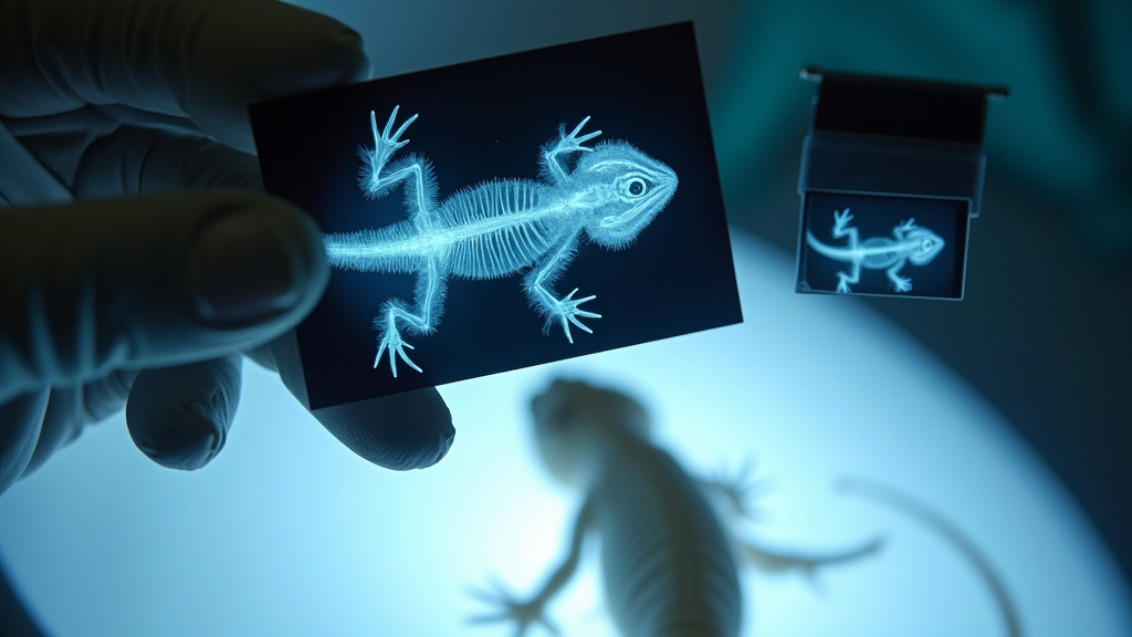 Veterinary X-ray comparing healthy and MBD-affected bearded dragon bones.