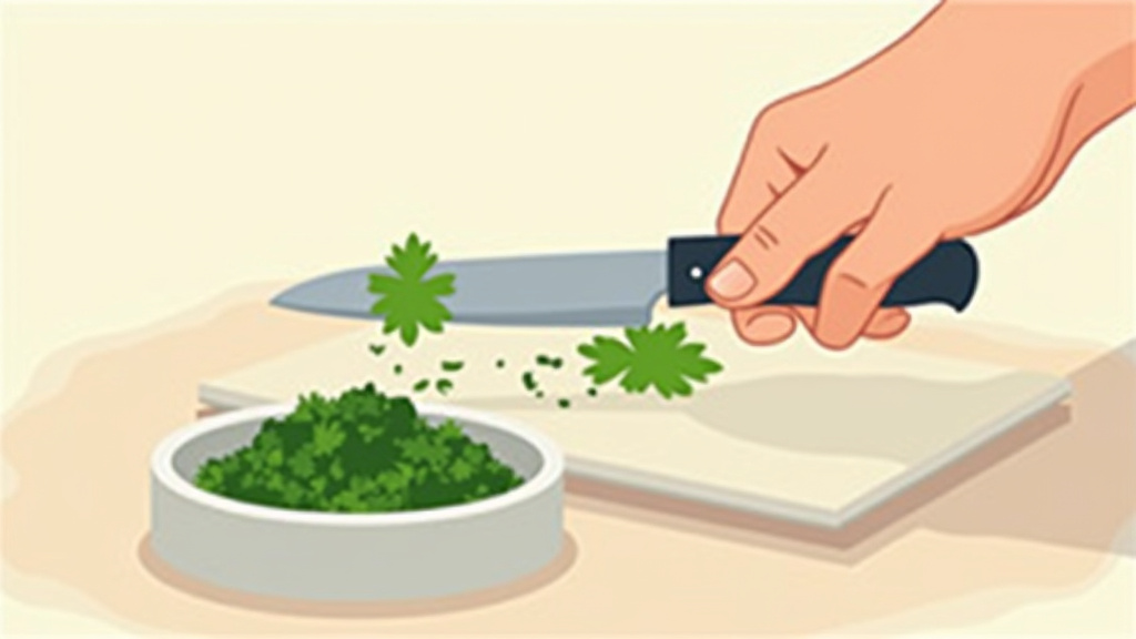 Close-up of a cilantro leaf being chopped for a bearded dragon's salad.