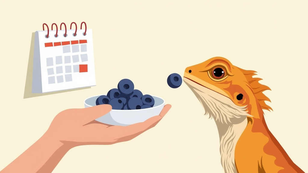 Cartoon of bearded dragon portion control with blueberries on a weekly calendar