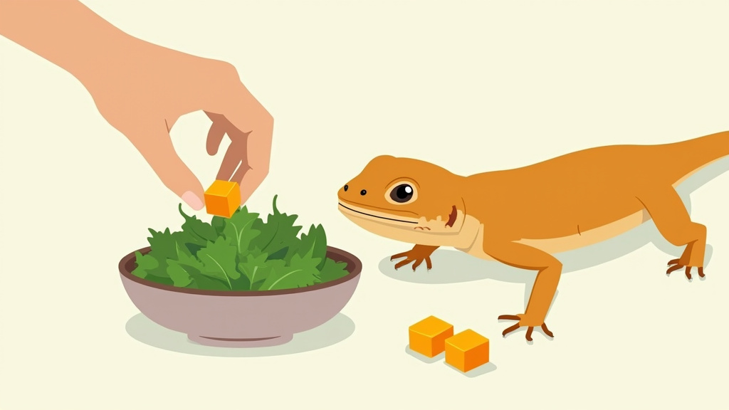 Bearded dragon diet portion control with yam pieces on salad greens.