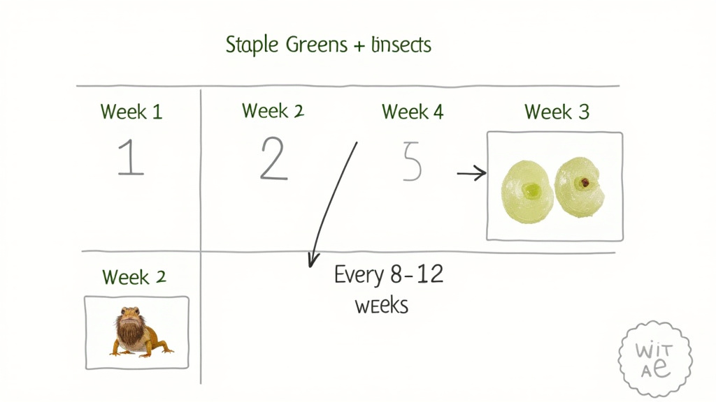 Bearded dragon fruit feeding schedule showing grapes as a rare treat