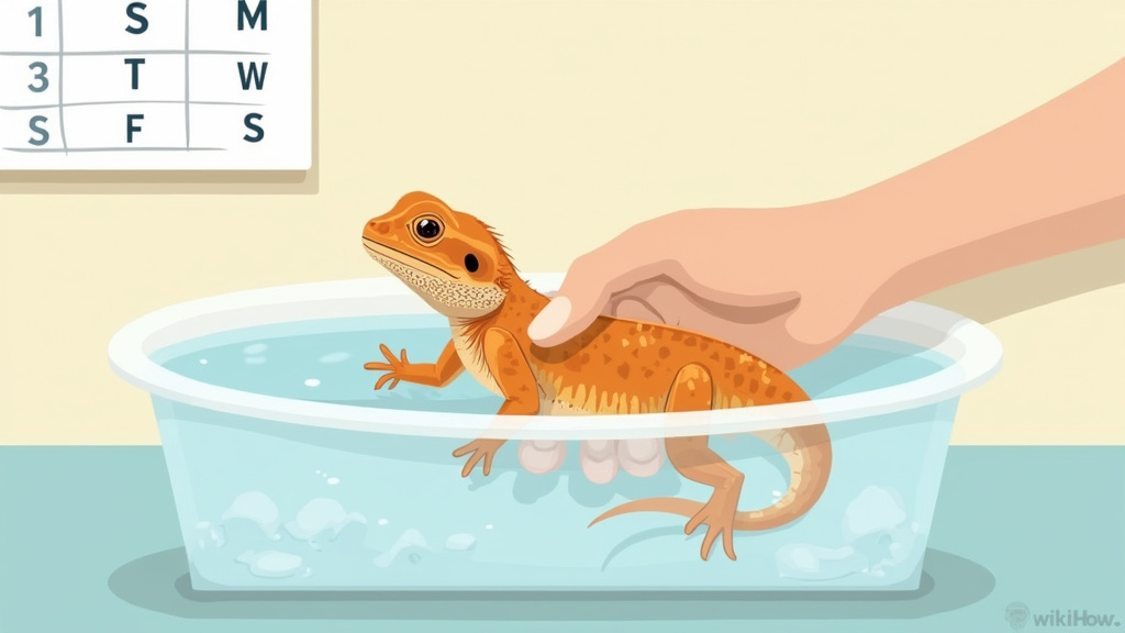 Cartoon illustration of a bearded dragon receiving a scheduled bath in a shallow tub.