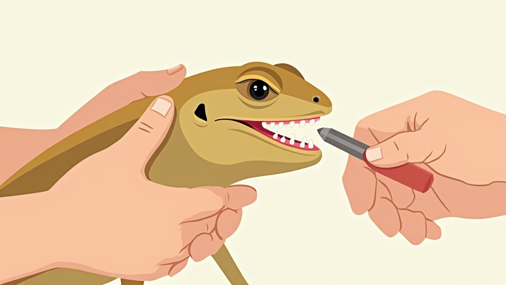 Close-up illustration of a person safely opening a bearded dragon's mouth to check its teeth.