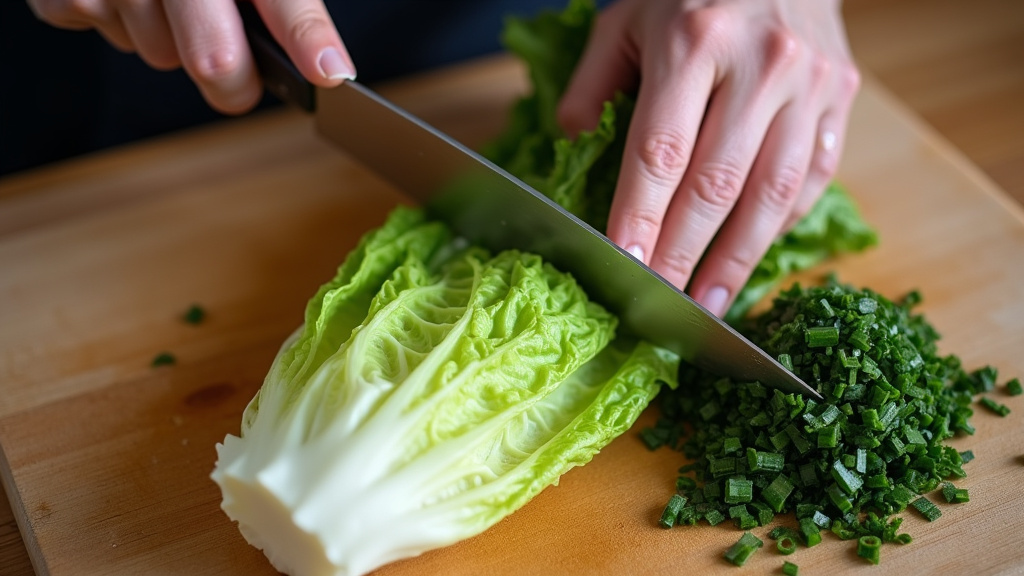 Close-up of finely chopping a single romaine leaf for a bearded dragon's salad.