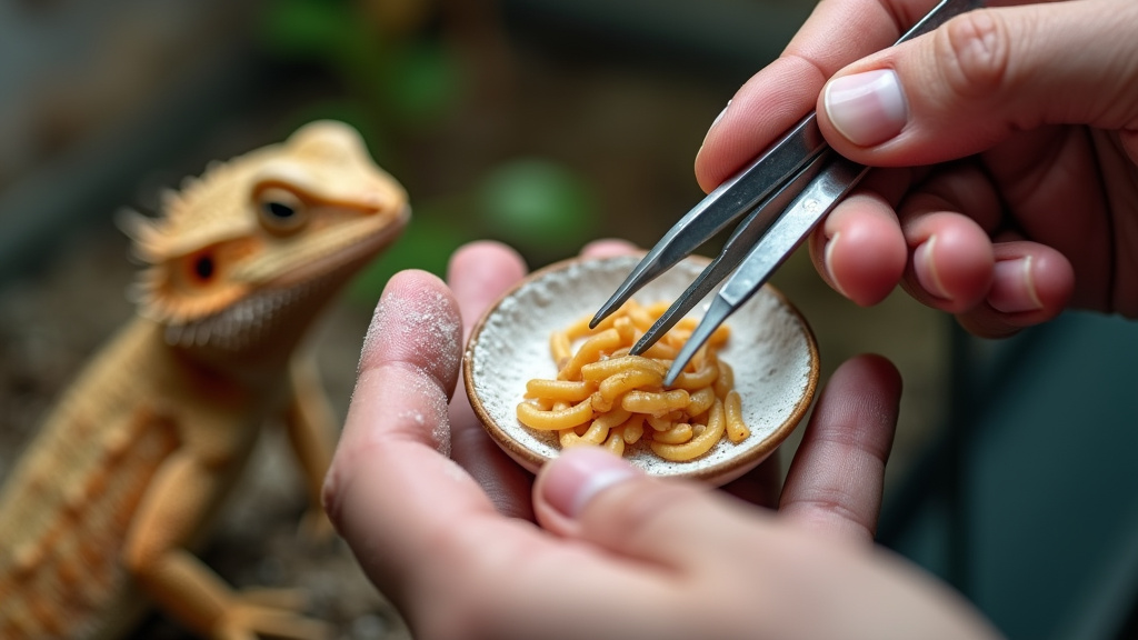 Gut-loaded mealworms dusted with calcium powder for a bearded dragon.