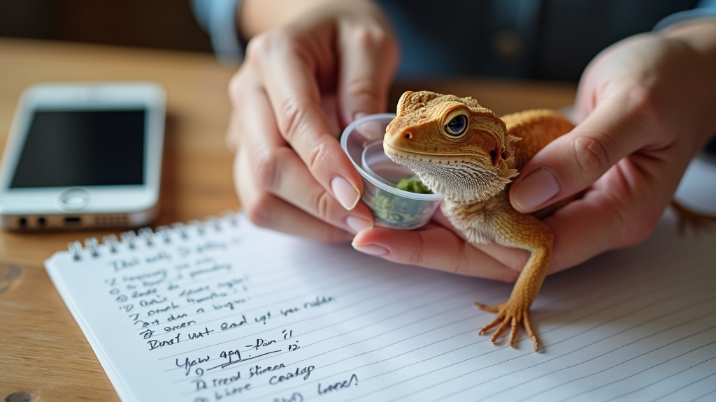 Preparing a bearded dragon fecal sample and medical history for an urgent vet visit.