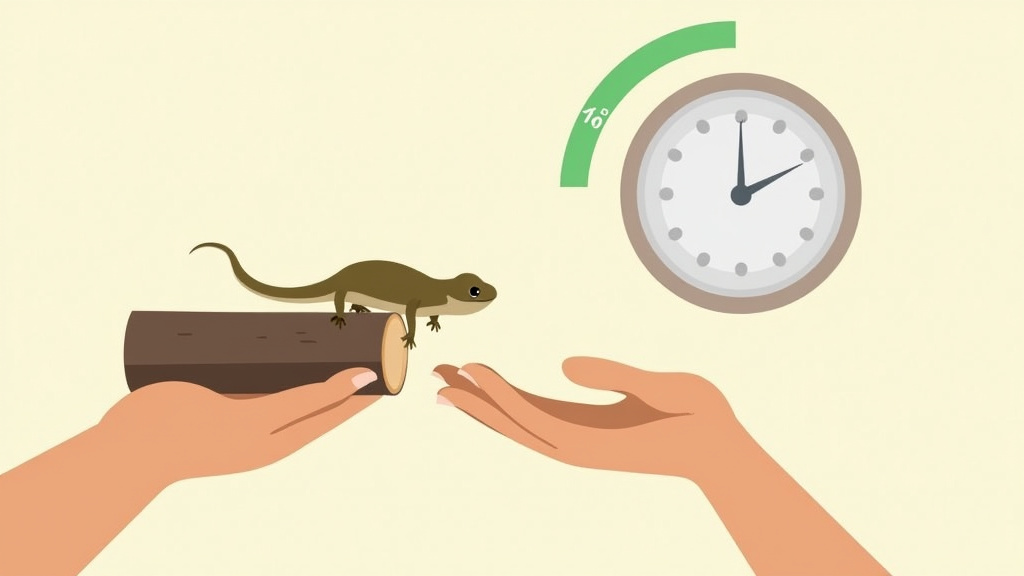 Cartoon of a bearded dragon voluntarily climbing onto a person's hand during a short handling session.