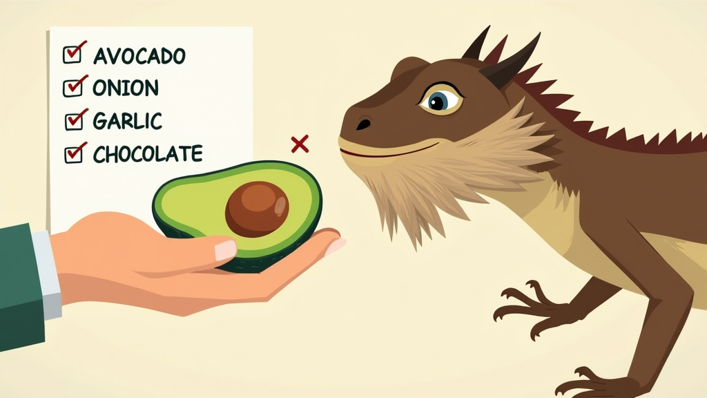 Bearded dragon avoiding avocado with a list of unsafe foods.