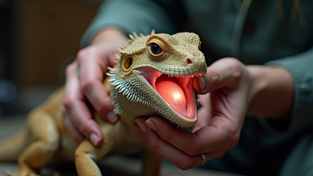 Close-up of a bearded dragon's mouth held open for a health check with flashlight.