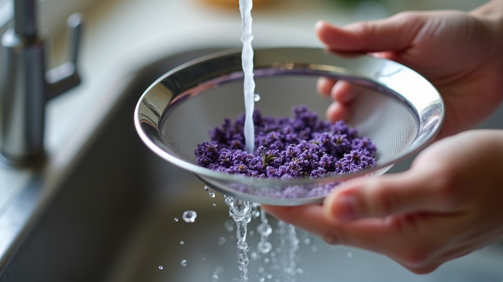 Washing organic lavender florets in a strainer for a bearded dragon's food.