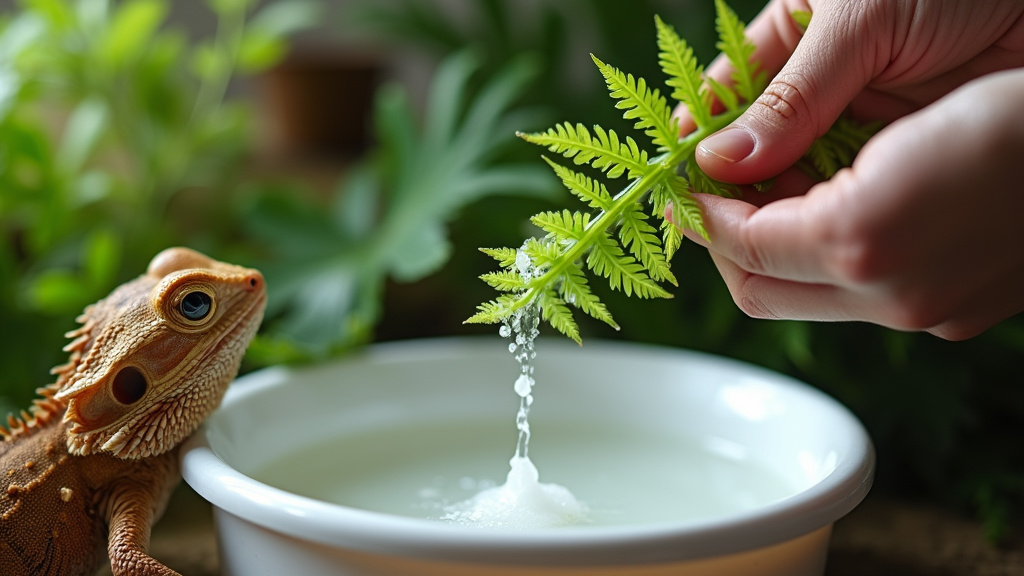 Washing foraged fern greens for a bearded dragon's safe consumption.
