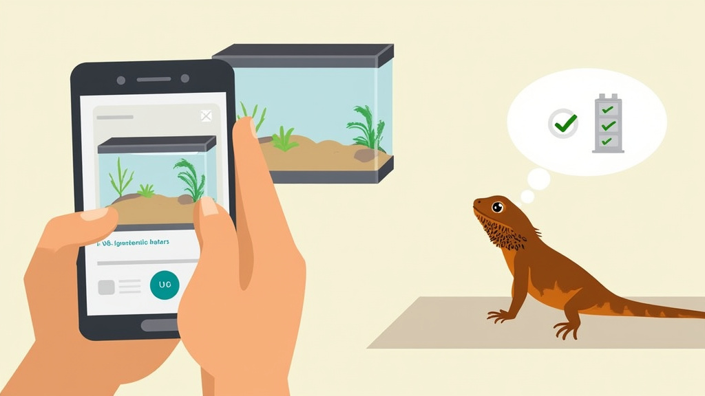 Seller vetting a buyer by reviewing a photo of a prepared bearded dragon tank.