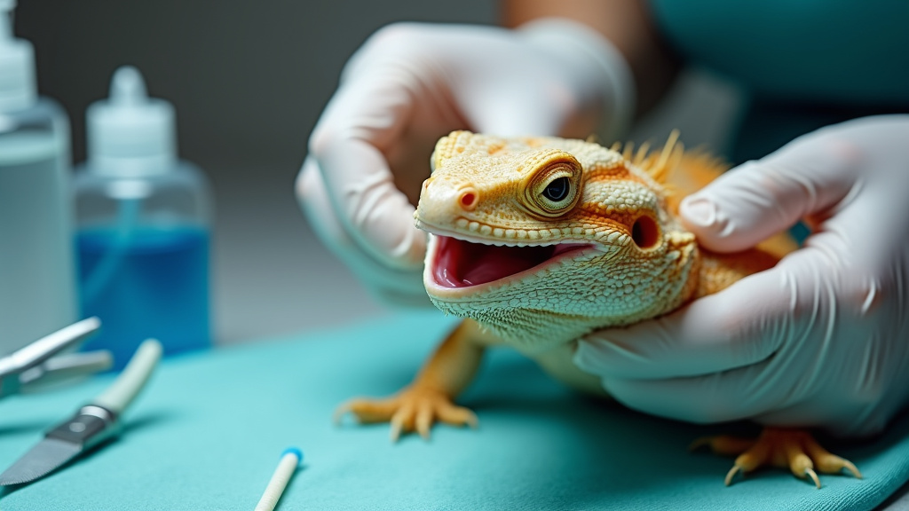Veterinarian examining bearded dragon mouth rot lesions during diagnosis