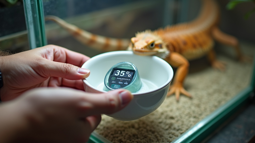 Close-up of adding a shallow water dish to a glass bearded dragon tank with humidity meter.
