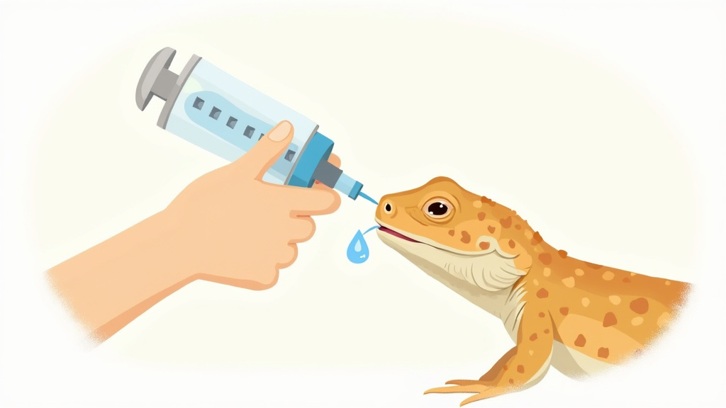 Close-up of administering oral water to a bearded dragon using a syringe.