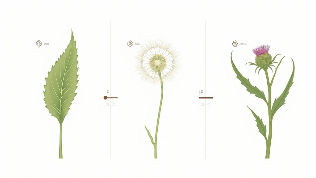 Comparison diagram identifying true dandelions versus cat's ear and sow thistle plants for bearded dragon safety.
