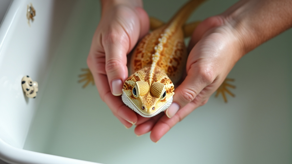 Close-up of bearded dragon belly massage during warm bath for impaction first aid