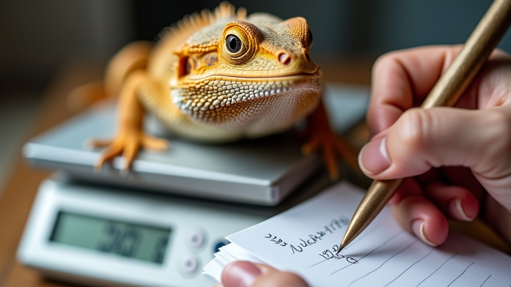 Bearded dragon being weighed on a digital scale for weekly health monitoring.