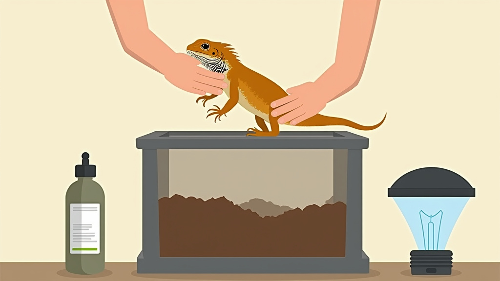 Cartoon of female bearded dragon care with lay box, calcium, and UVB lighting.