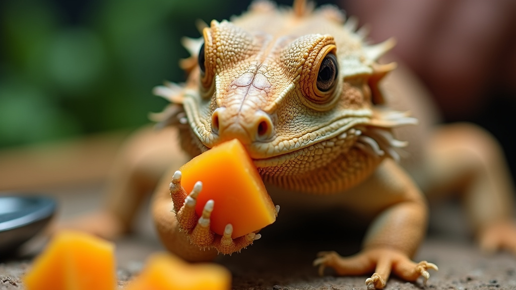bearded dragon eating an apricot cube as an occasional treat for enrichment