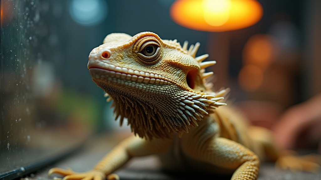 Bearded dragon with black beard head-bobbing against glass after brumation