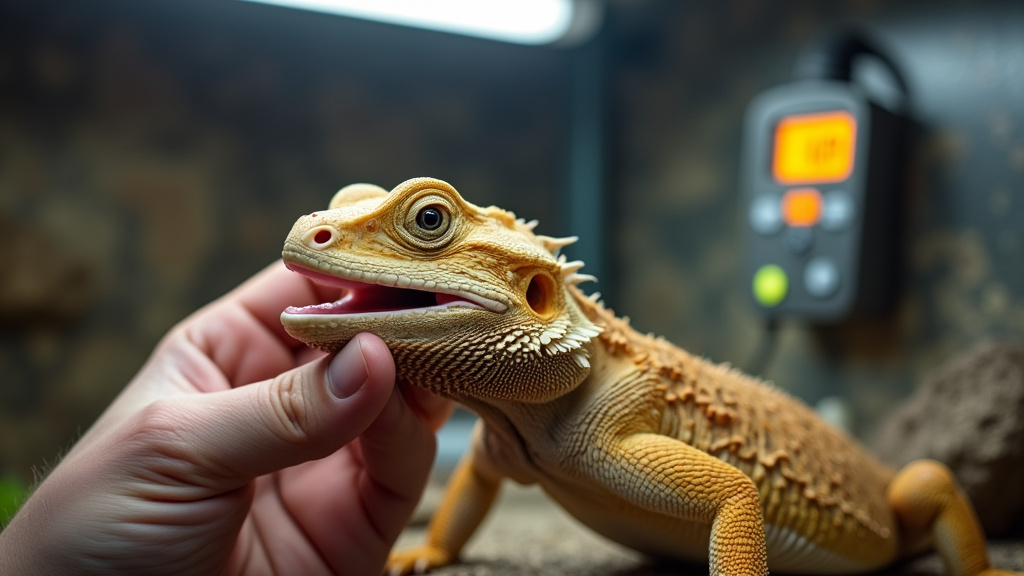 Close-up of a weekly oral health check for a bearded dragon in its enclosure.