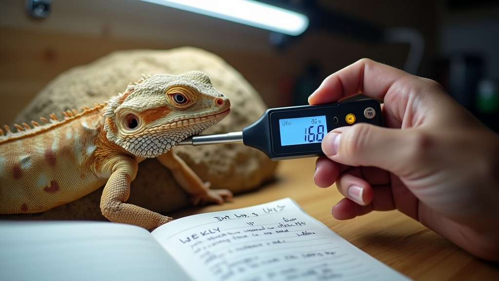 Monthly bearded dragon care audit with thermometer, diet log, and UVB bulb
