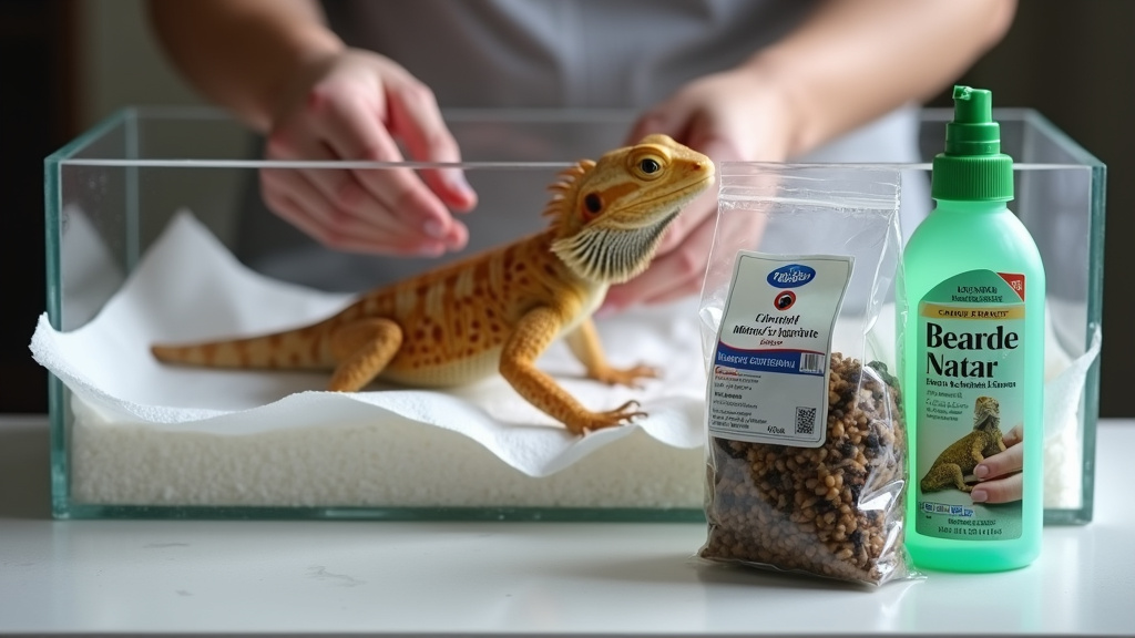 Bearded dragon quarantine setup with paper towels and clean supplies.