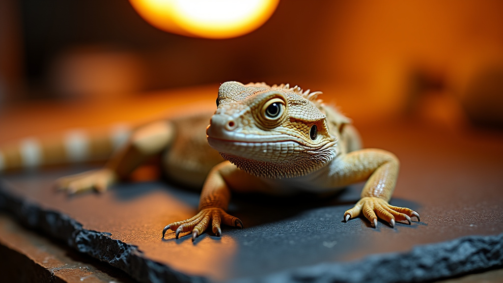Bearded dragon gaping calmly on a slate basking platform under a heat lamp.