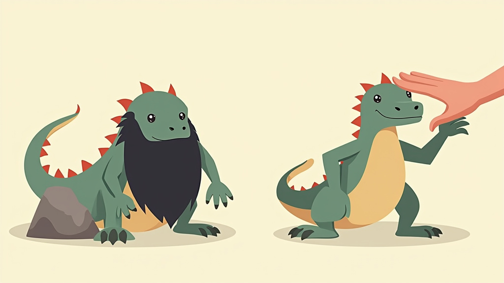 Bearded dragon cartoon comparing stress black beard to contentment arm waving.