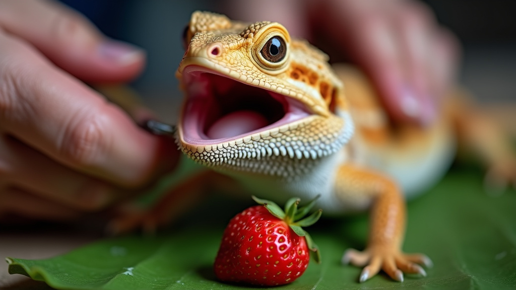 Close-up of bearded dragon mouth examination after eating strawberry.