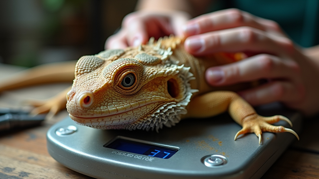 lethargic bearded dragon with sunken eyes on a scale showing weight loss