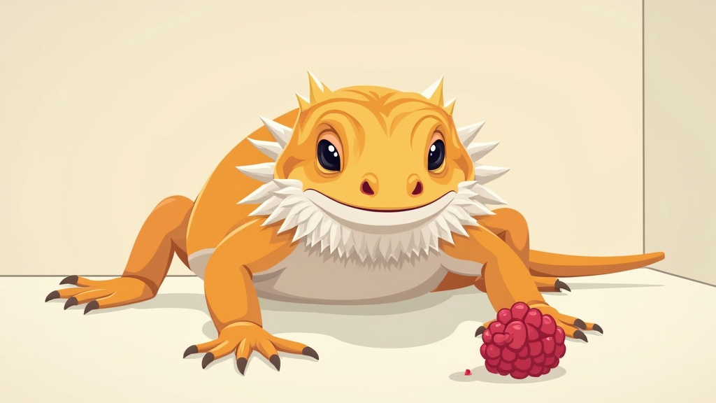 Bearded dragon hand tremors after eating raspberries, cartoon illustration.