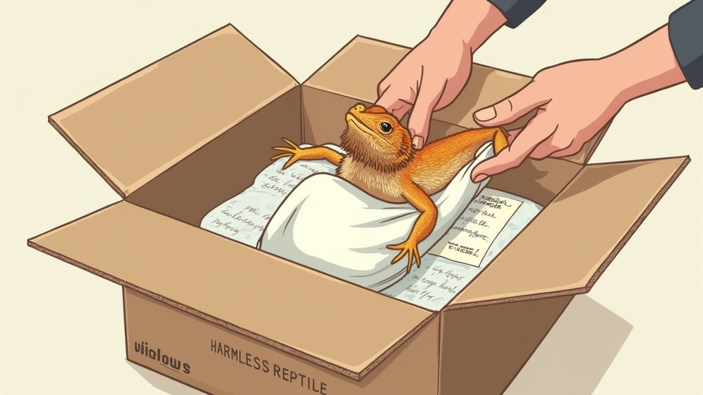 Cartoon guide to safely packaging a bearded dragon for overnight reptile shipping.