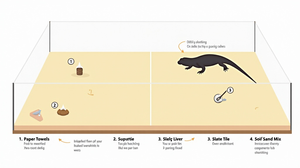 Decision matrix diagram for safe bearded dragon substrate by age and health scenario